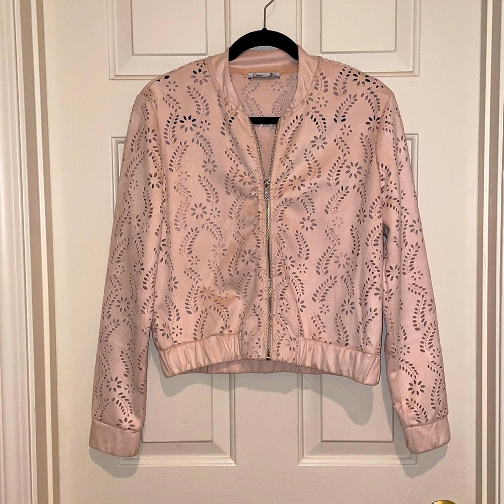 Dex faux suede light pink floral laser cut jacket